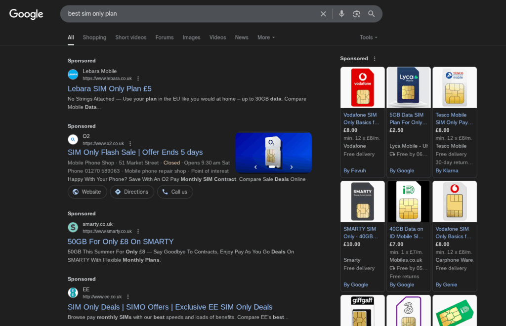 This is the state of Google Search now. No editorial results, no reviews, no AI Overviews. Just adverts